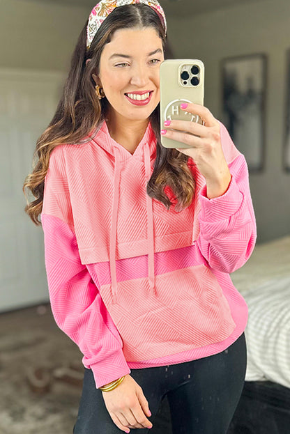 Pink Textured Color Block Pocket Drop Shoulder Hoodie