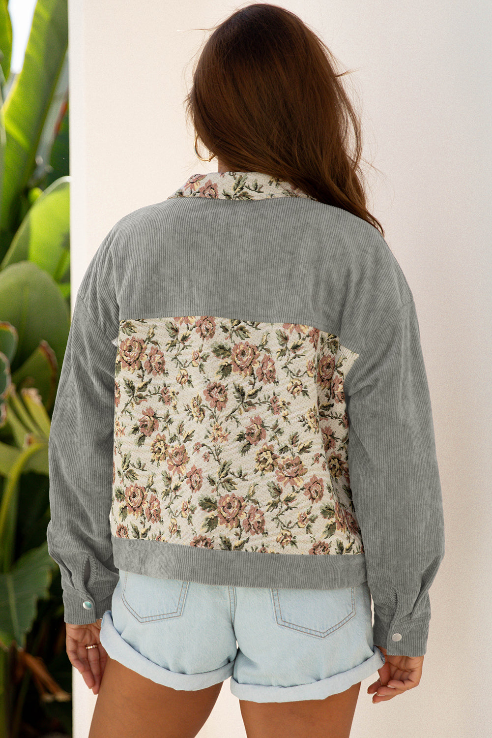 Medium Grey Ribbed Retro Floral Patchwork Shirt Style Jacket