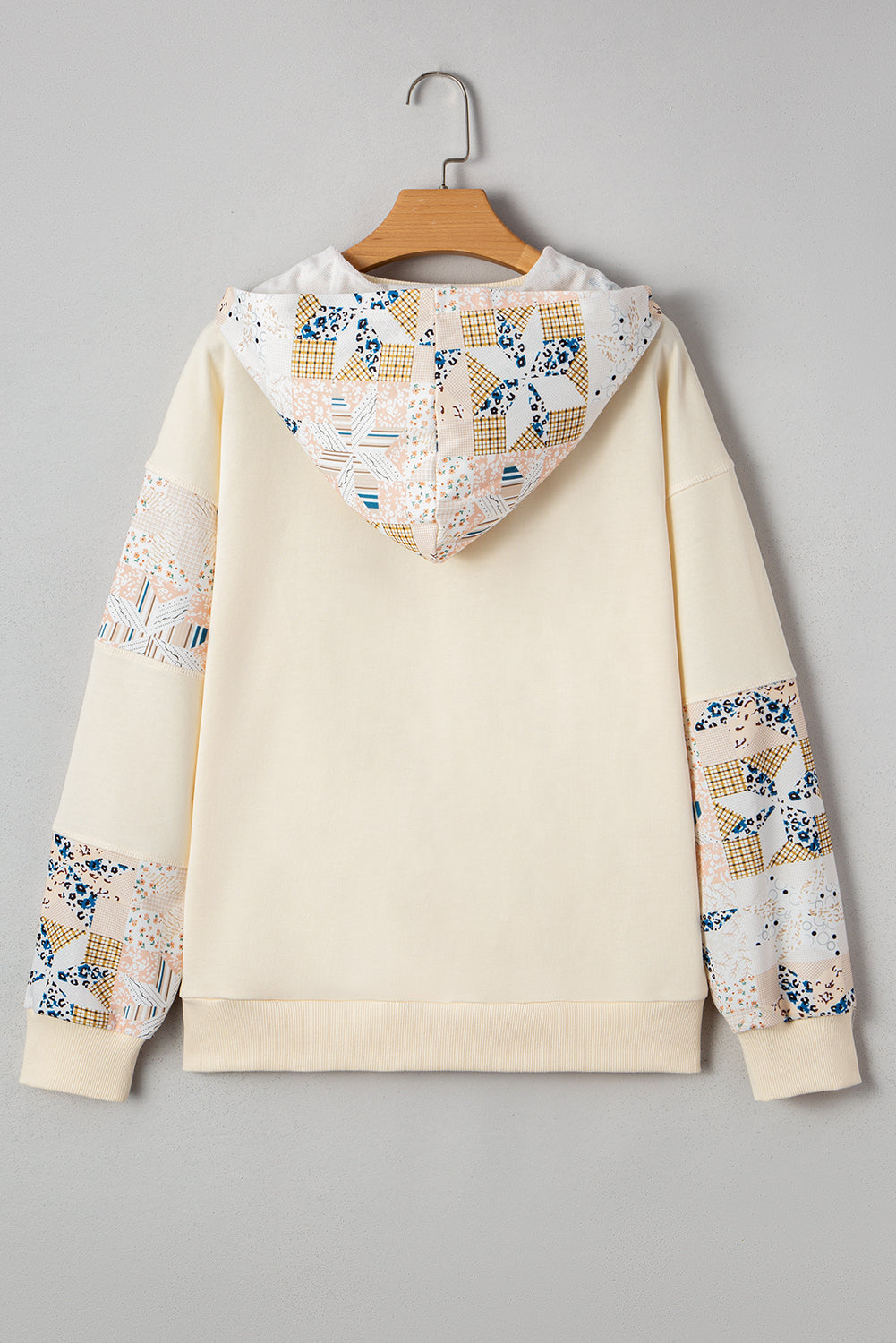 Beige Western Geo Pattern Patchwork Hoodie with Kangaroo Pocket