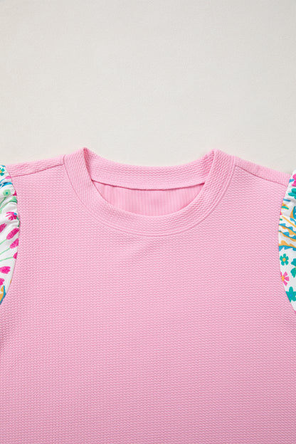 Pink Round Neck Textured Contrast Floral Bubble Sleeve Blouse