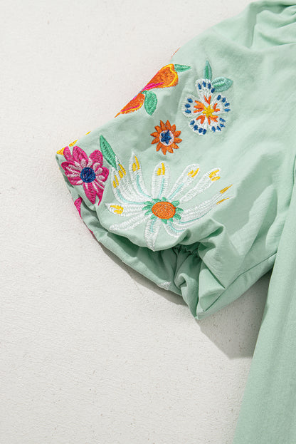 Clearly Aqua Floral Embroidered Puff Sleeve Split Neck Blouse