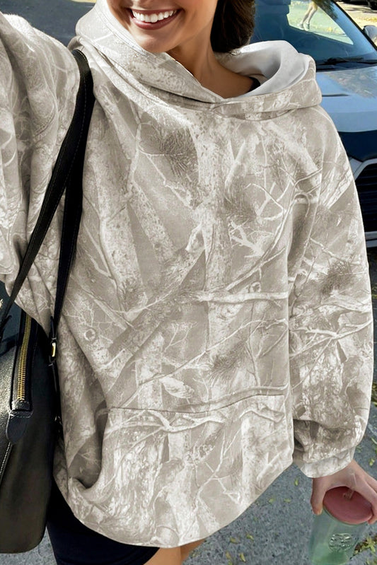 Beige Camouflage Woodland Print Oversized Sporty Hoodie