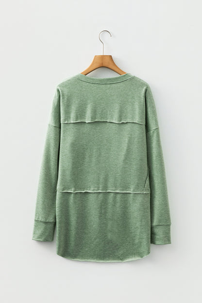 Smoke Green Notched Neck Terry Raw Hem Long Sleeve Top