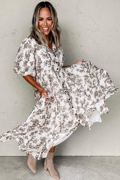 Khaki Floral Puff Sleeve V Neck Buttoned Front Maxi Dress