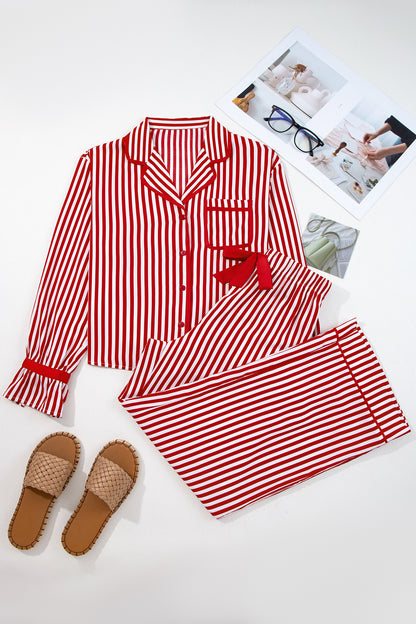 Red Stripe Contrast Velvet Trim Bow Knot Waist 2pcs Pajama Set