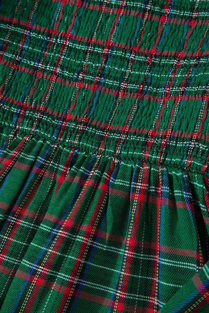 Green Tartan Plaid Square Neck Puff Sleeve Knot Waist Flared Midi Dress