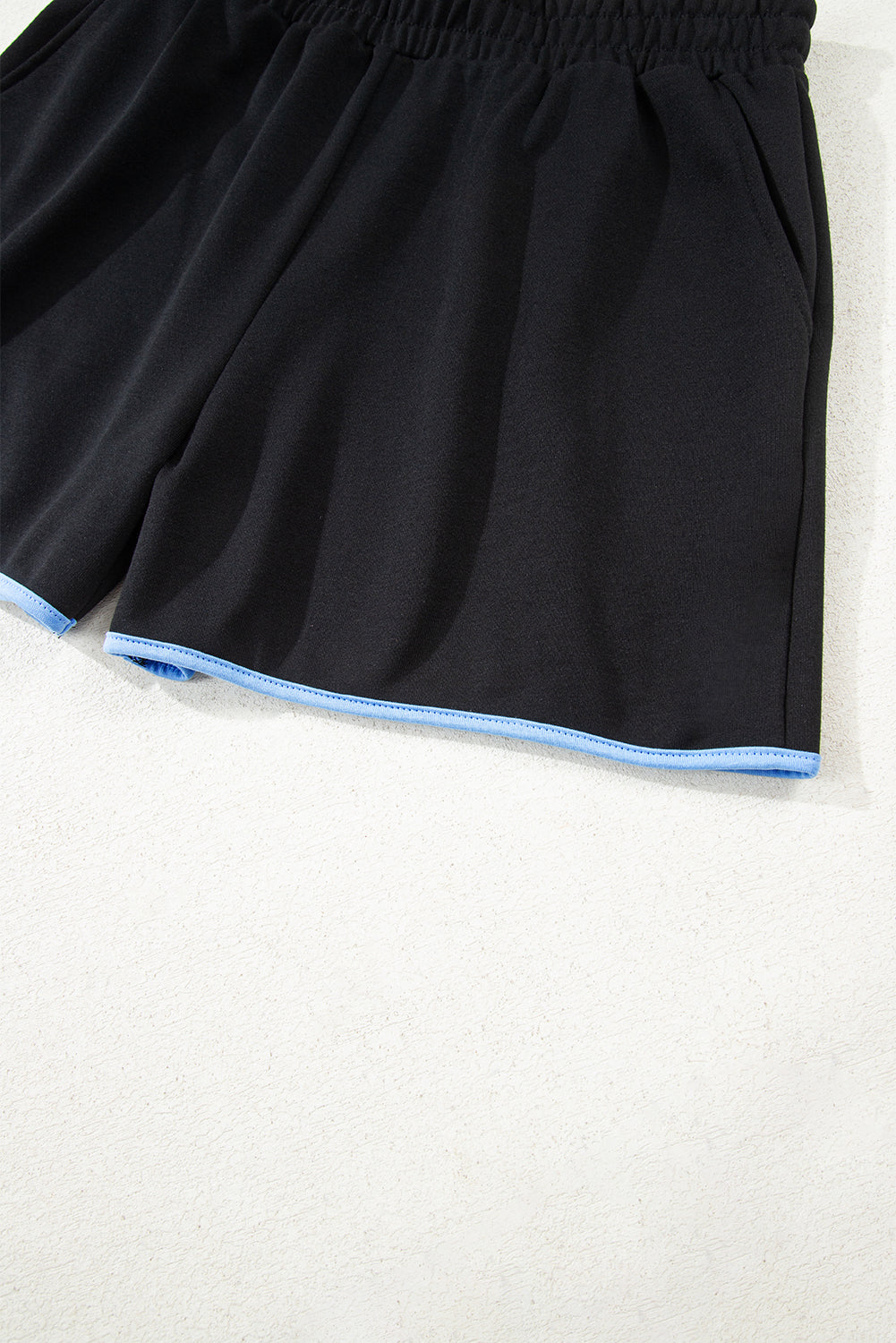 Black Color Block Patchwork Half Button Pullover and Shorts 2pcs Outfit