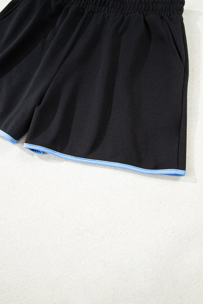 Black Color Block Patchwork Half Button Pullover and Shorts 2pcs Outfit