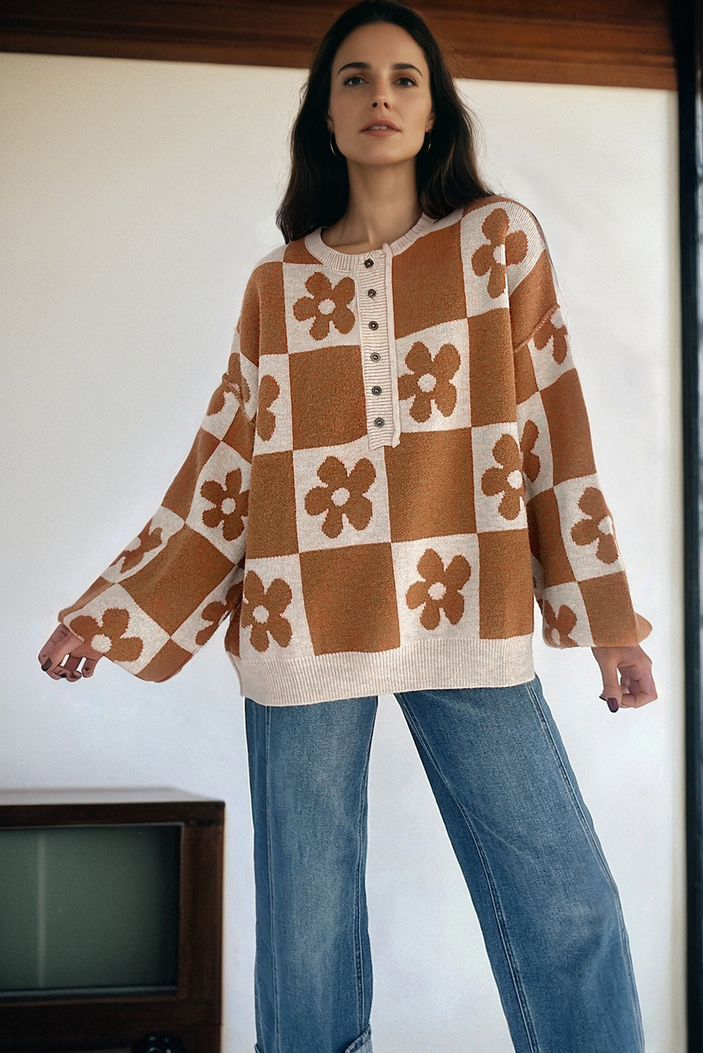 Thai Curry Flower Plaid Henley Baggy Sweater