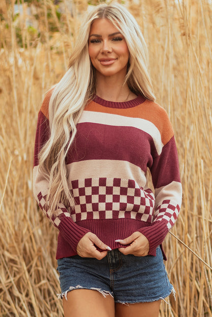 Brown Checkered Color Block Knitted Drop Shoulder Sweater