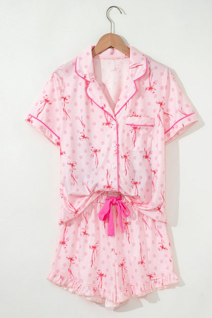 Pink Bow Print Contrast Pipping Short Pajamas Set
