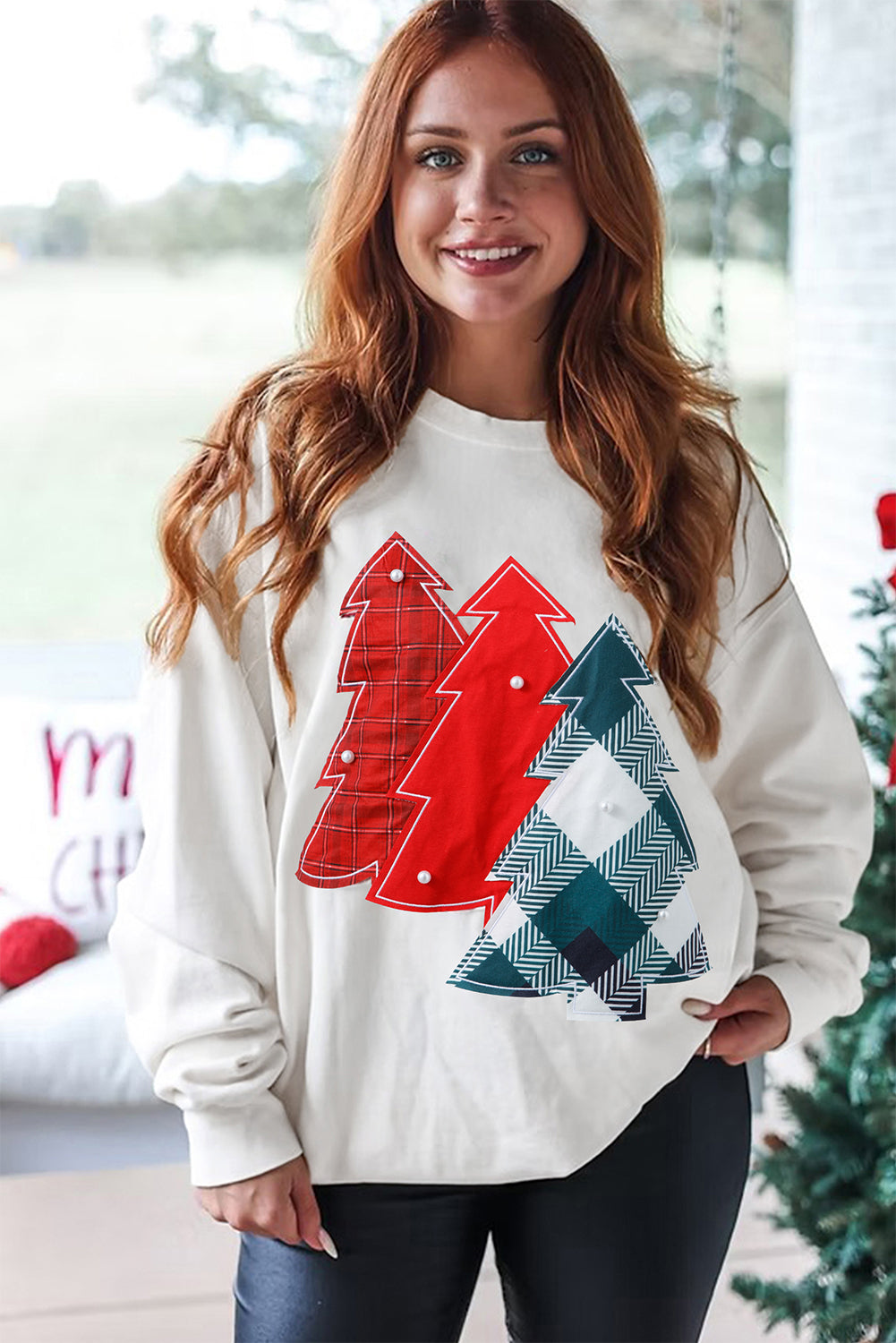 White Pearl Plaid Christmas Tree Patched Drop Shoulder Sweatshirt