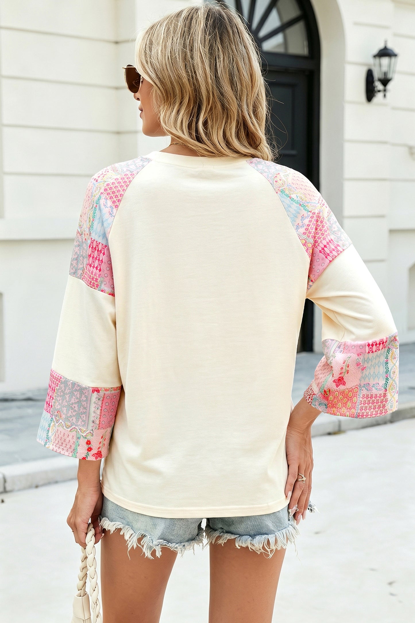 Beige Color Block Retro Floral Patchwork Long Sleeve Top