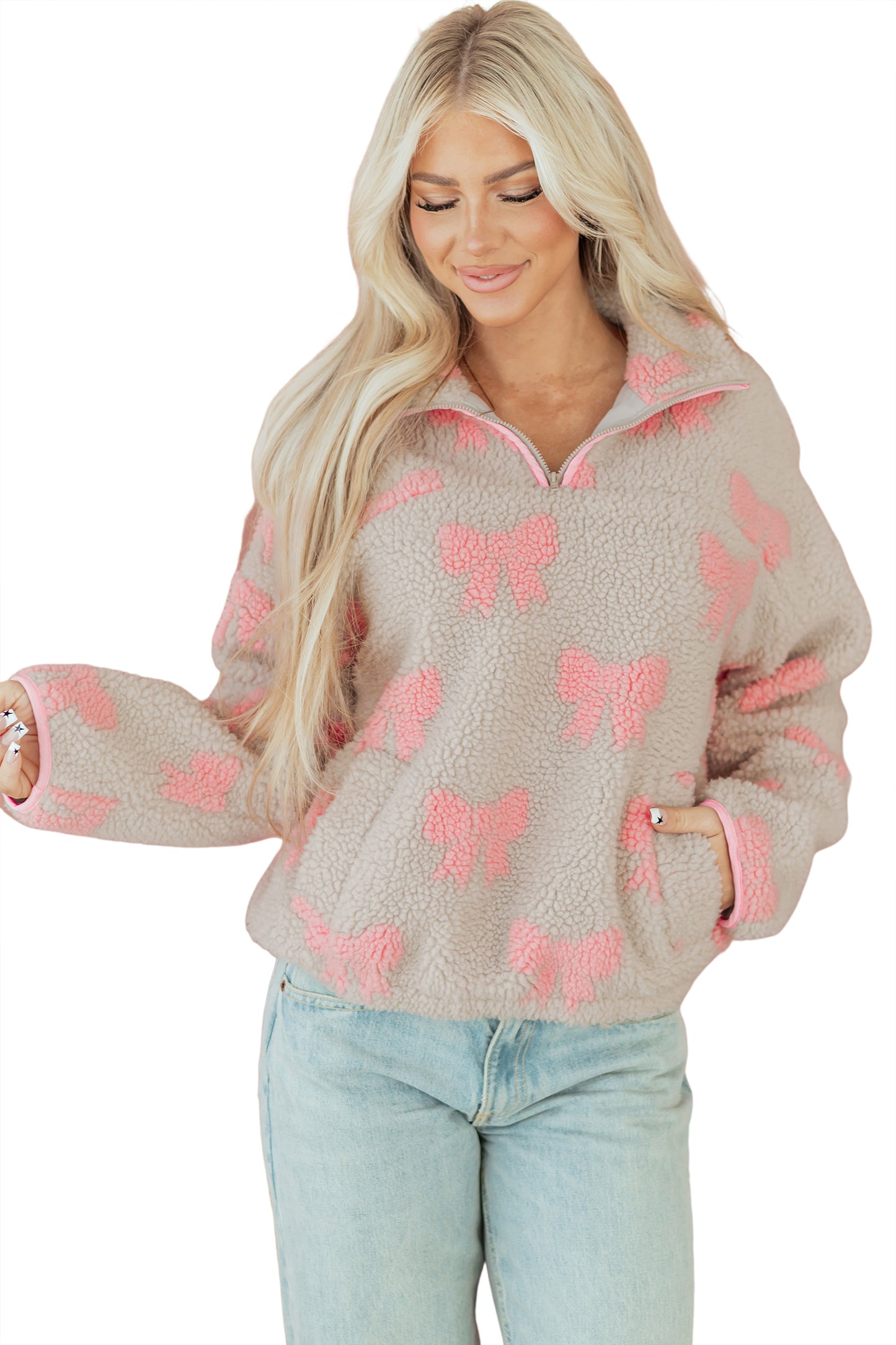 Gray Bow Sherpa Quarter Zip Drop Shoulder Baggy Sweatshirt