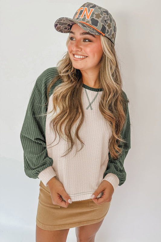 Mist Green Waffle Color Block Raglan Sleeve Top