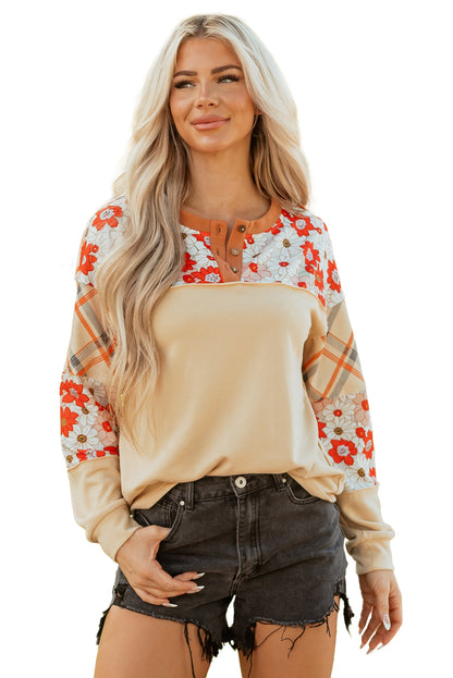 Parchment Floral Plaid Patchwork Casual Top
