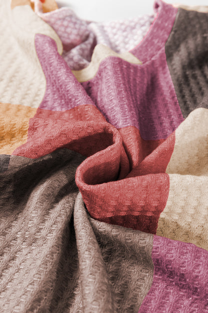 Rose Red Checkered Print Textured Knit Long Sleeve Loose Top