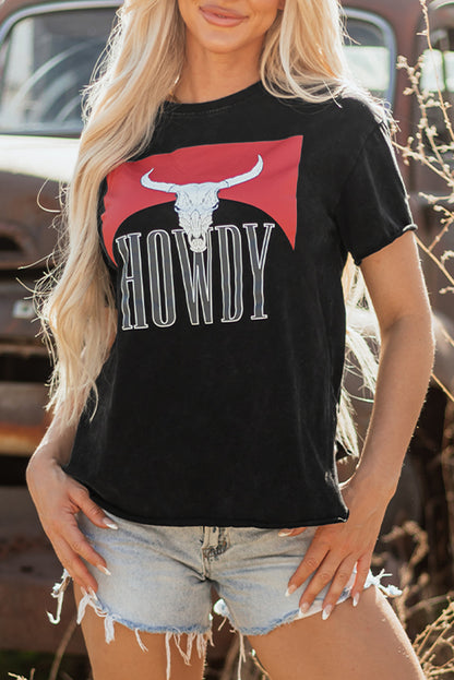 Black Western HOWDY Steer Head Print Side Slits Loose Fit T Shirt