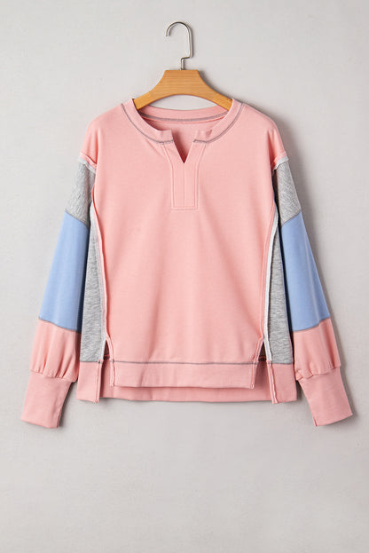 Apricot Pink Exposed Seam Color Block Patchwork Slit Cuffs Oversize Sweatshirt