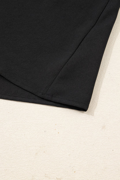 Black Plus Size Notched Neck Leopard Trim Flounce Long Sleeve Shift Dress