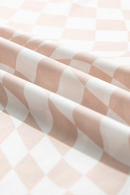 Khaki Checkered Pattern Mesh Mock Neck Long Sleeve Top