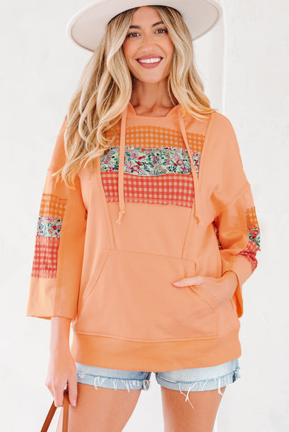Grapefruit Orange Plaid Floral Patchwork Kangaroo Pocket Hooded Long Sleeve Top