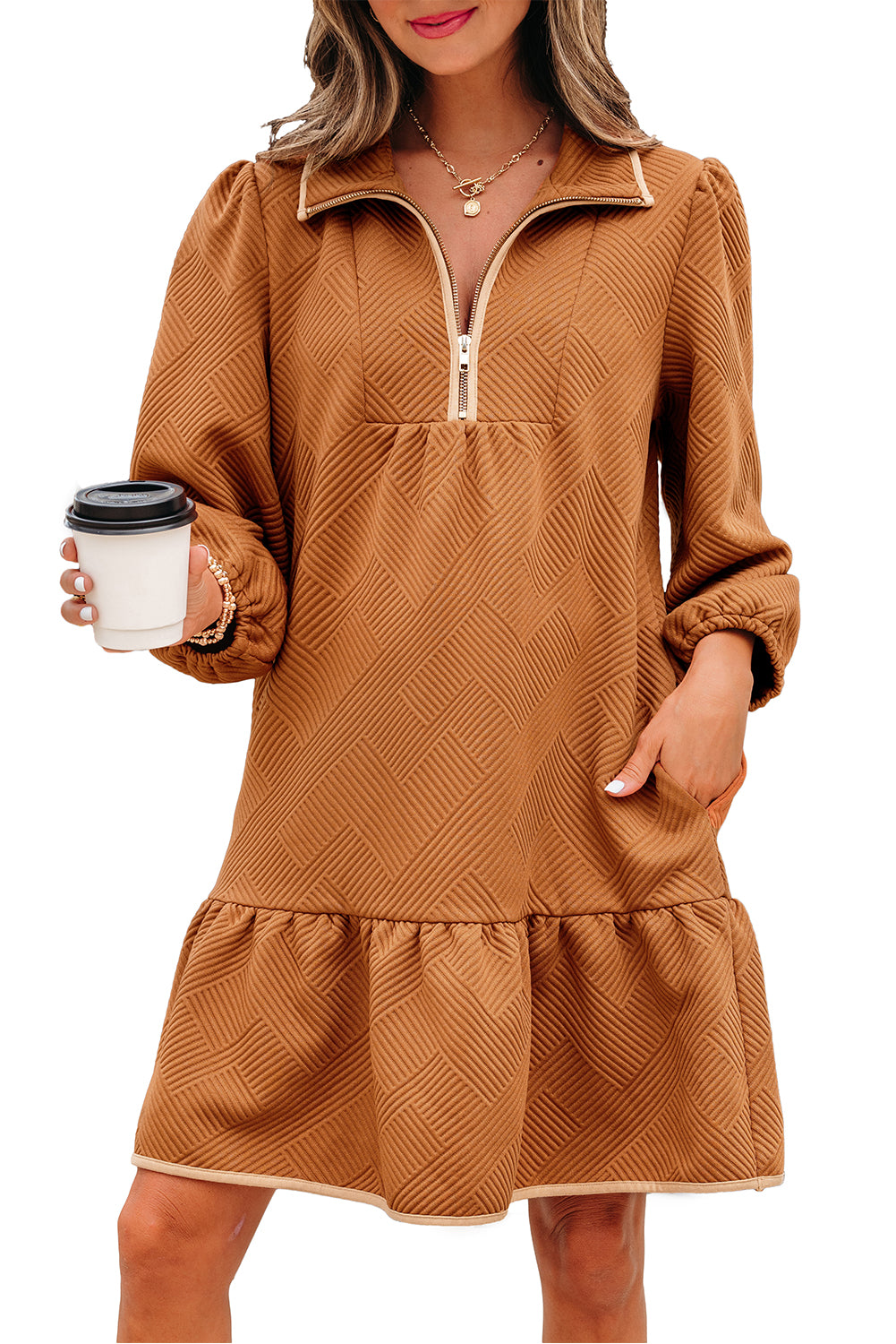 Desert Gold Quarter Zip Collar Bracelet Sleeve Textured Mini Dress