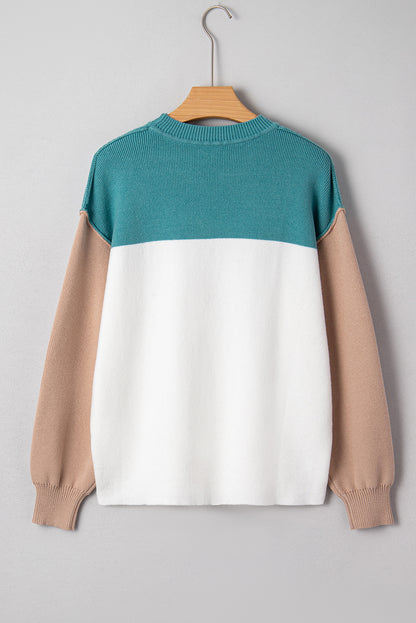 Green Color Block Plain Ribbed Knit Baggy Sweater