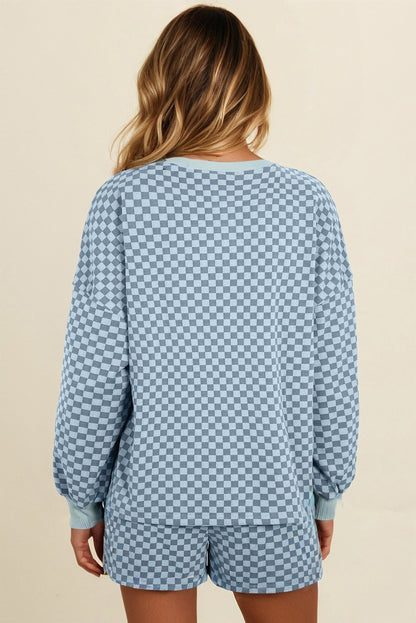 Sky Blue Checkerboard Long Sleeve Pullover and Shorts Set