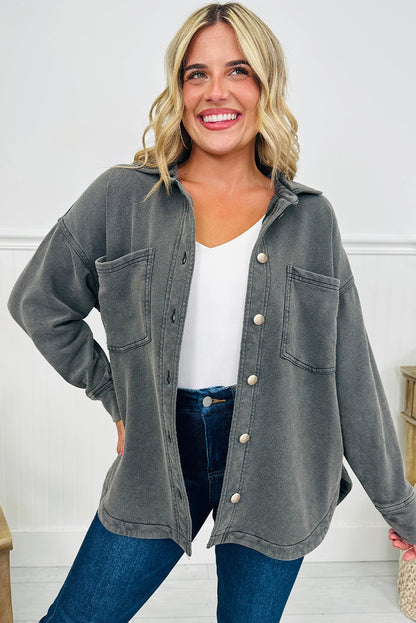 Medium Grey Mineral Wash Chest Pockets Drop Shoulder Shacket with Side Slit