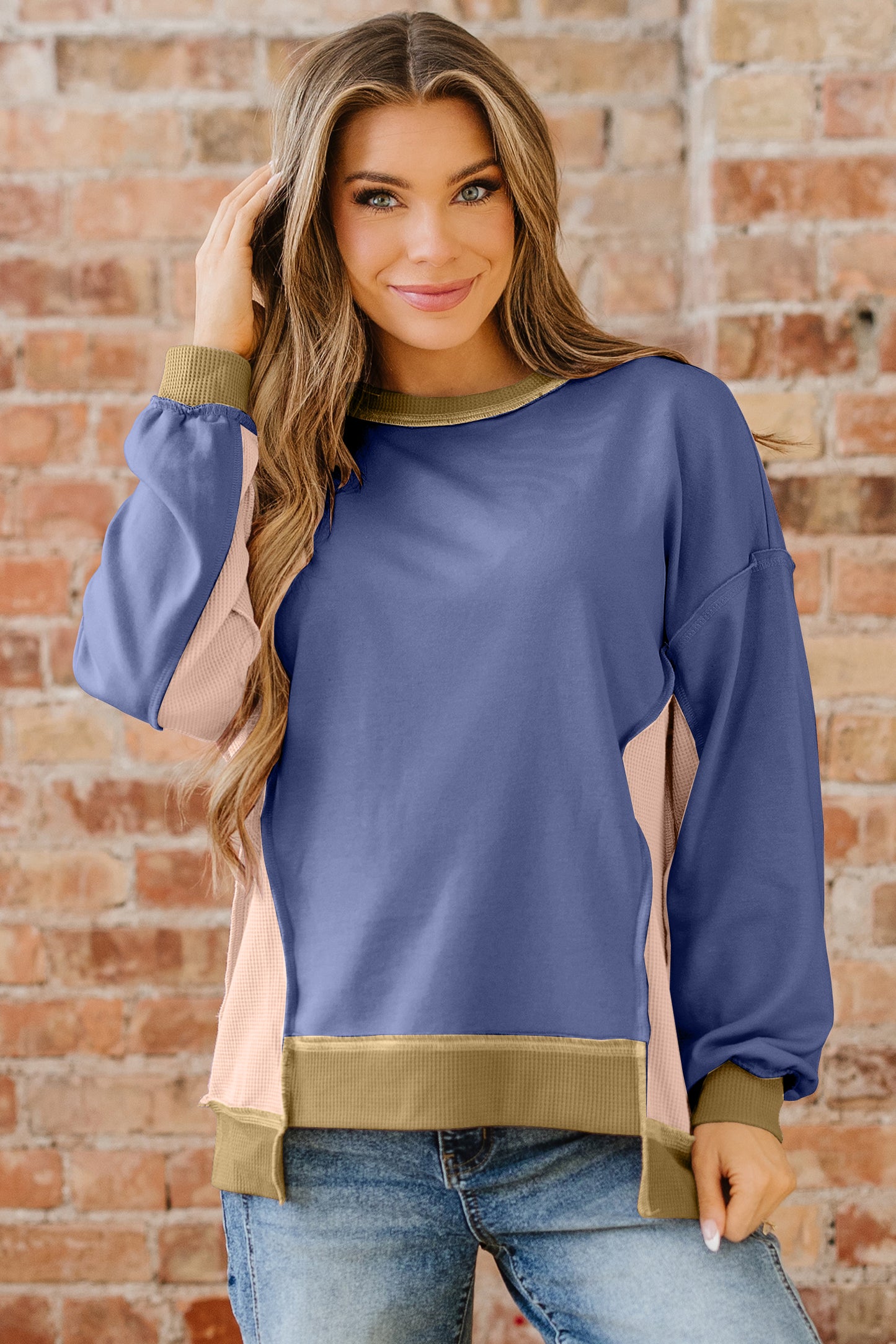 Wild Wind Color Block Mix Texture Waffle Patchwork Oversize Sweatshirt