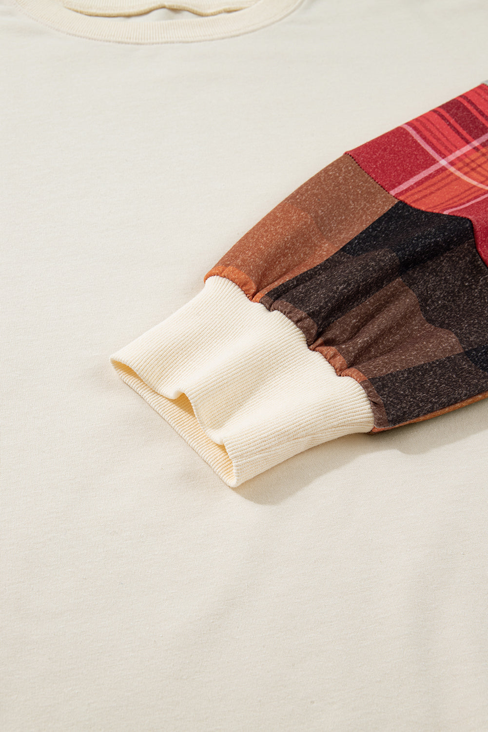 Beige Plus Size Multicolor Plaid Patchwork Sleeve Pullover Top