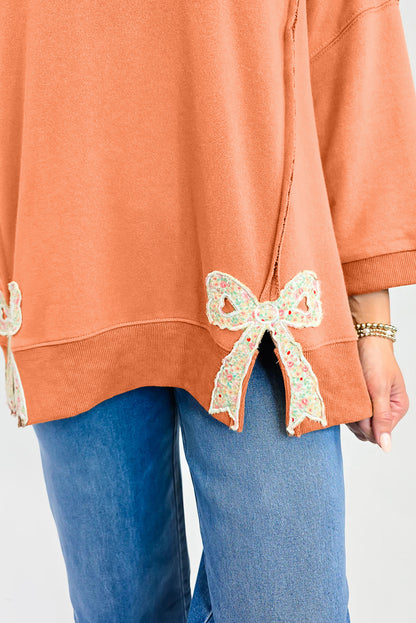 Grapefruit Orange Floral Bow Patched Exposed Seam Patchwork Slit Baggy Sweatshirt