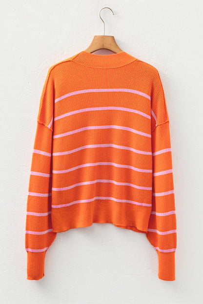 Orange Stripe Ribbed High Neck Drop Shoulder Boxy Fit Sweater