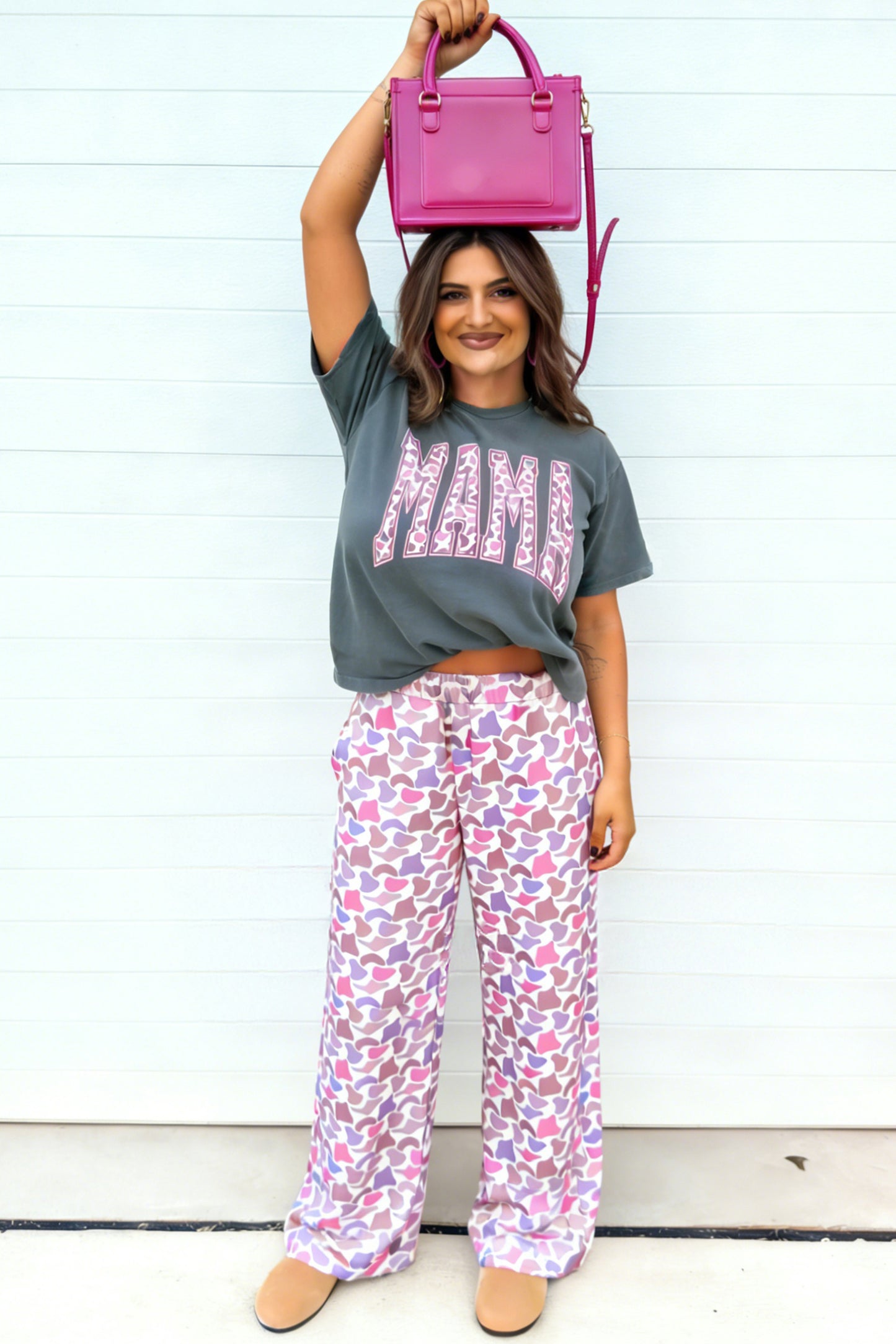 Fun mama  Letter Graphic Tee Camouflage Print Loose Pant Set