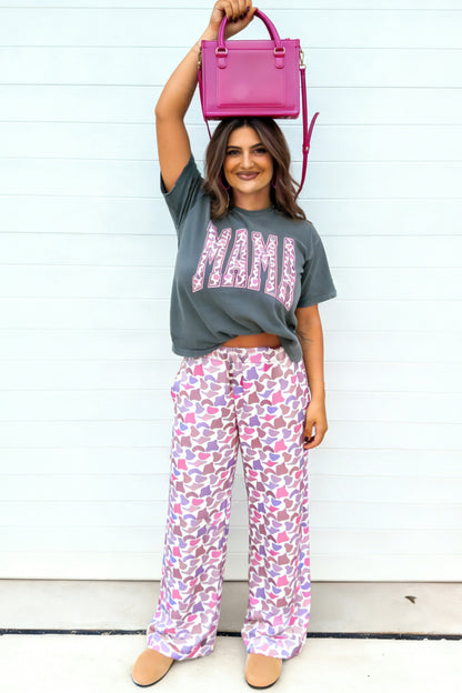 Fun mama  Letter Graphic Tee Camouflage Print Loose Pant Set