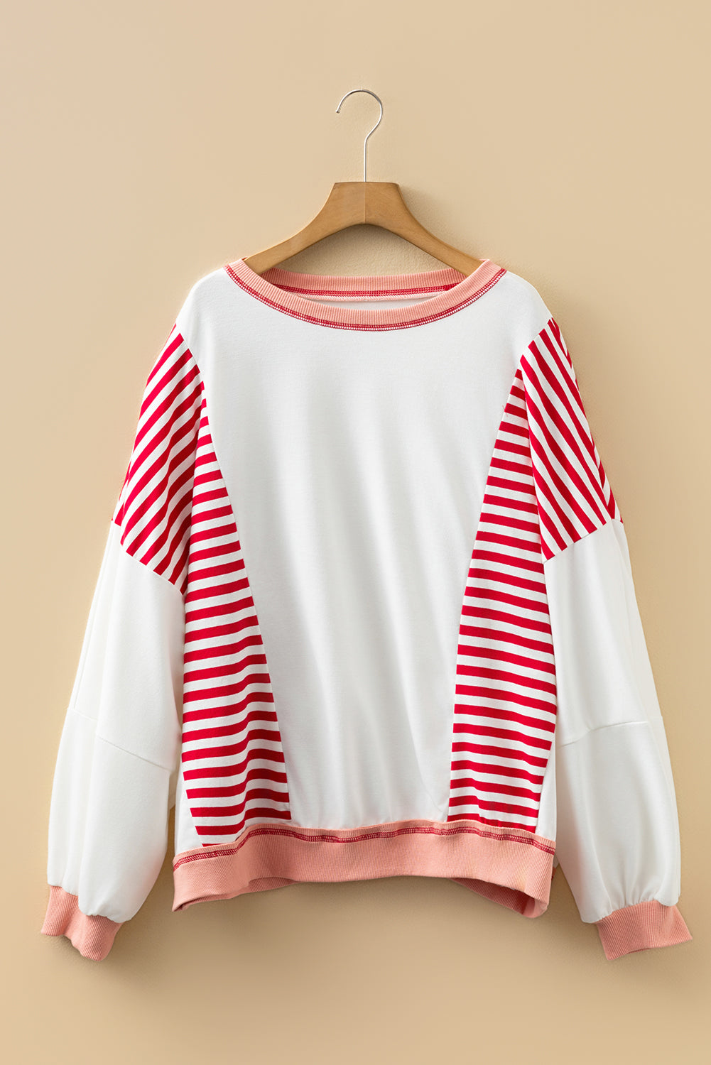 Red Stripe Color Block Patchwork Seam Detail Plus Size Sweatshirt