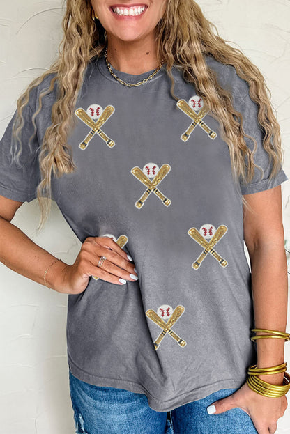 Gray Sequined Baseball Game Day Tee