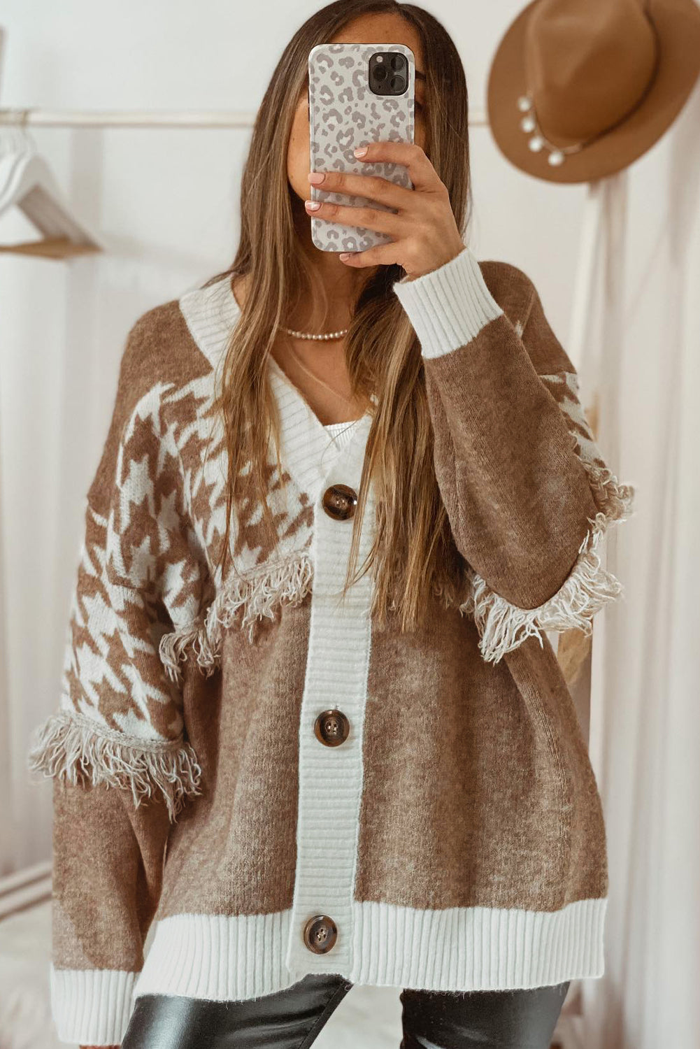 Khaki Houndstooth Color Block V Neck Raw Edge Button Front Cardigan