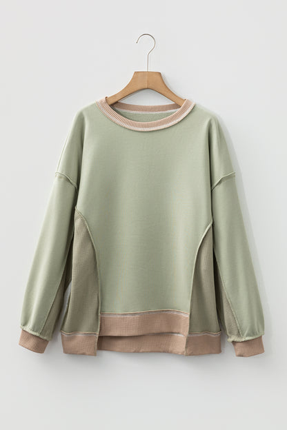 Smoke Green Color Block Mix Texture Waffle Patchwork Oversize Sweatshirt