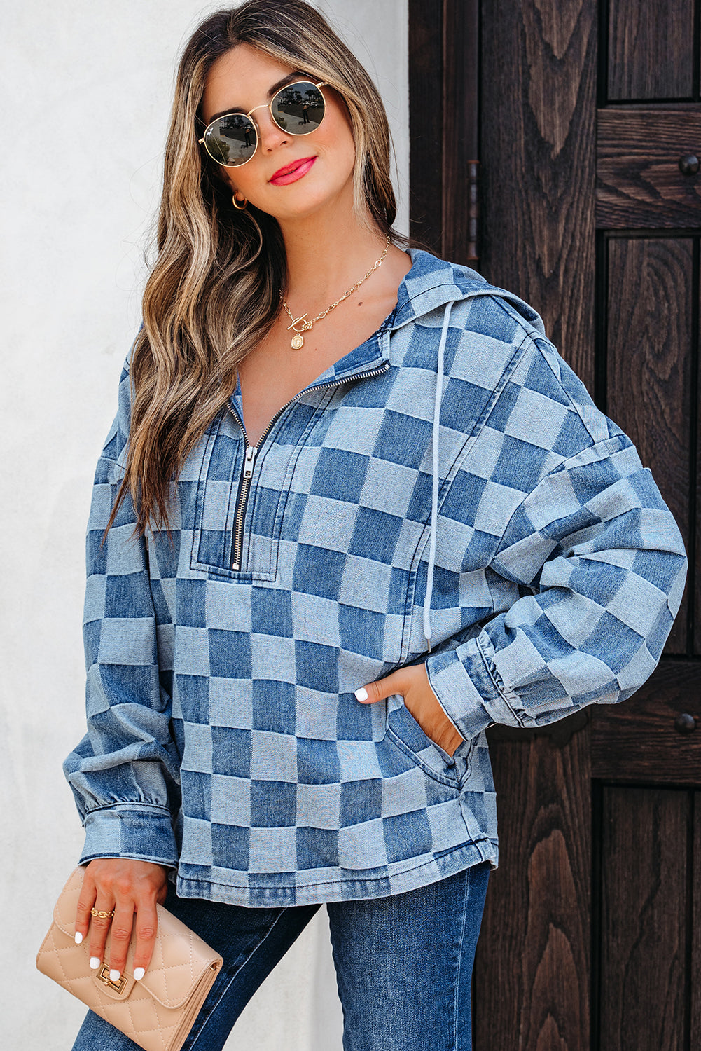 Sky Blue Checkerboard Zipped Neck Kangaroo Pocket Denim Hoodie