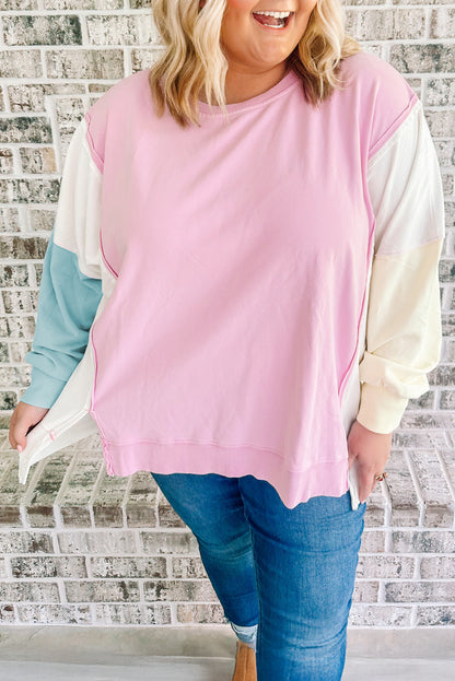 Pink Colorblock Patchwork Drop Shoulder Plus Size Sweatshirt