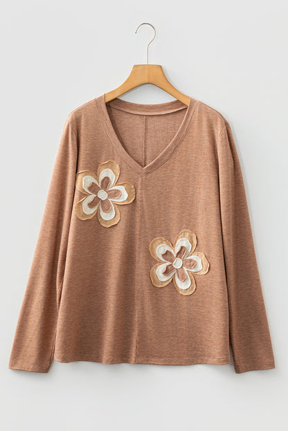 Straw Yellow Floral Patchwork V Neck Long Sleeve T Shirt