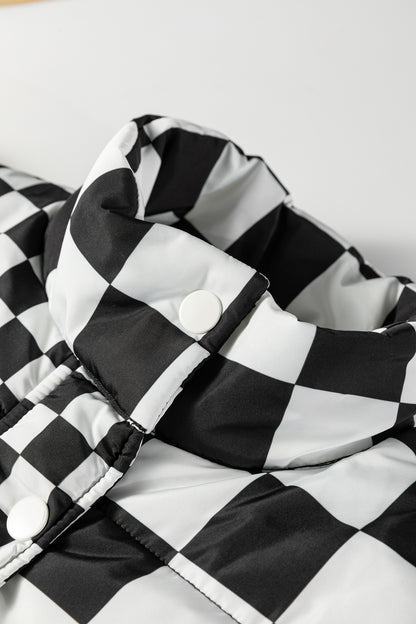 Black Double Checked Stand Collar Cropped Puffer Vest