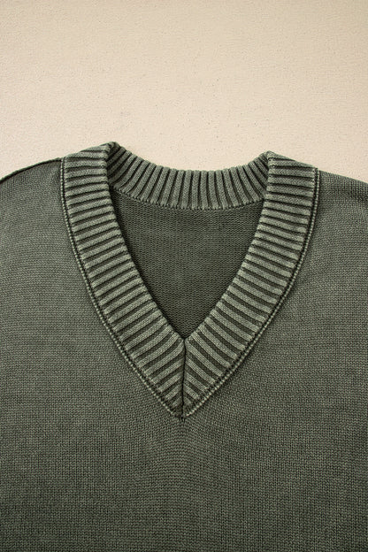 Four Leaf Clover Mineral Wash V Neck Knit Exposed Seam Drop Shoulder Loose Sweater