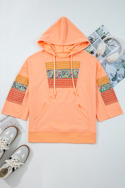 Grapefruit Orange Plaid Floral Patchwork Kangaroo Pocket Hooded Long Sleeve Top