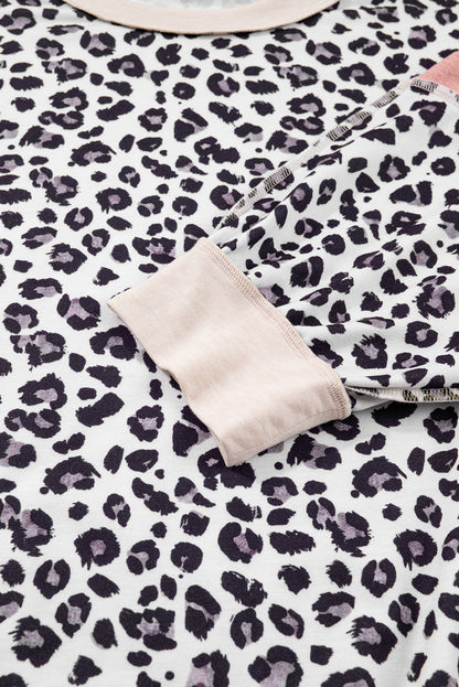 Gray Leopard Color Block Patchwork Reverse Stitch Plus Size Baggy Pullover