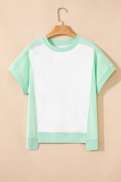 Light Green Color Block Exposed Seam Crew Neck T Shirt