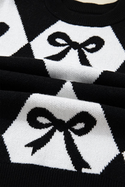 Black Bow Print 2-tone Rhombus Knit Loose Sweater