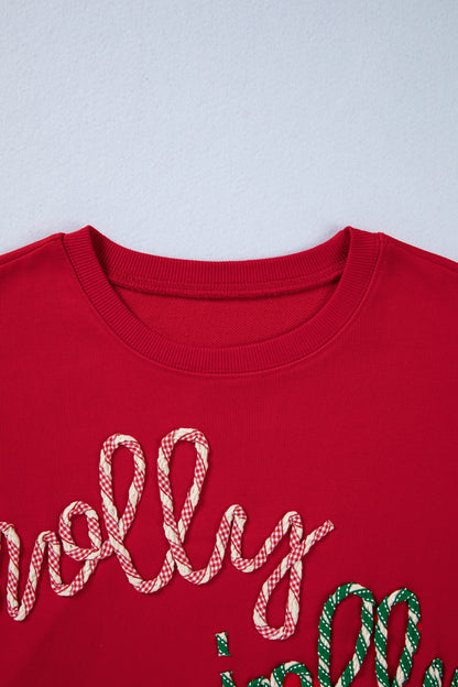Racing Red Holly Jolly Embroidered Graphic Baggy Sweatshirt